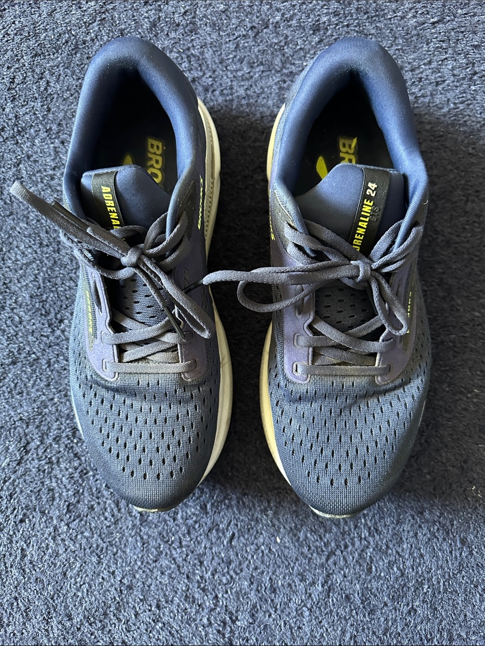 Brooks Men's Adrenaline GTS 24 Running Shoes in Navy Blue with Yellow Accents